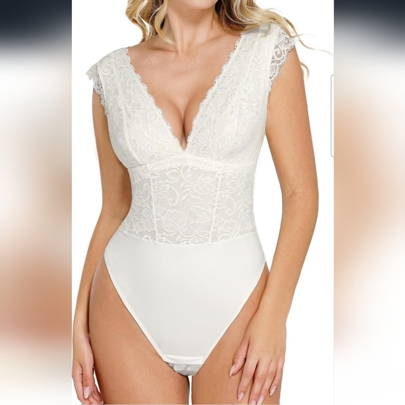 Popilush White Lace V Neck Cap Sleeve Shapewear Tummy Control Bodysuit Size XS - Picture 1 of 11